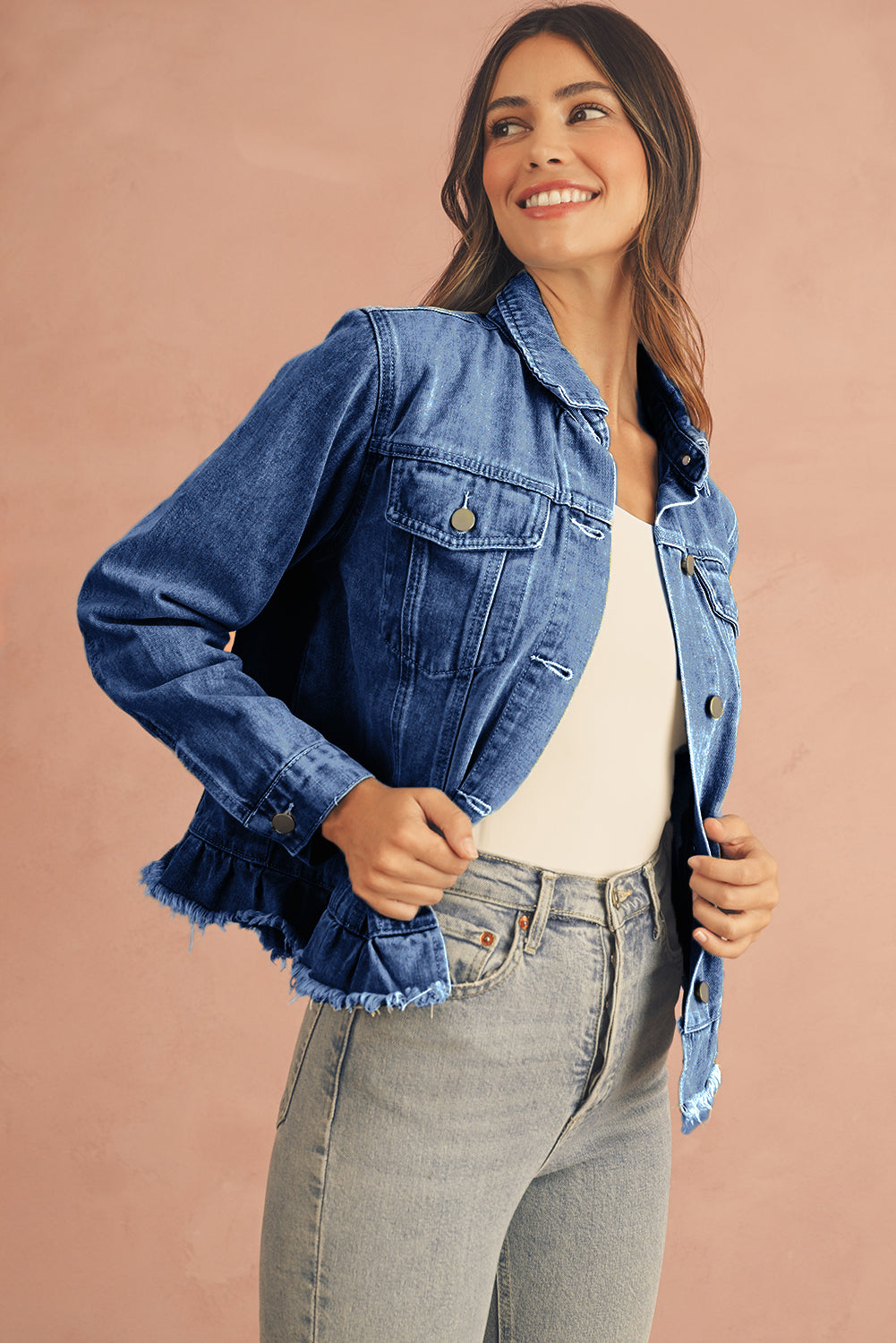 Navy Blue Ruffle Raw Hem Flap Pockets Denim Jacket