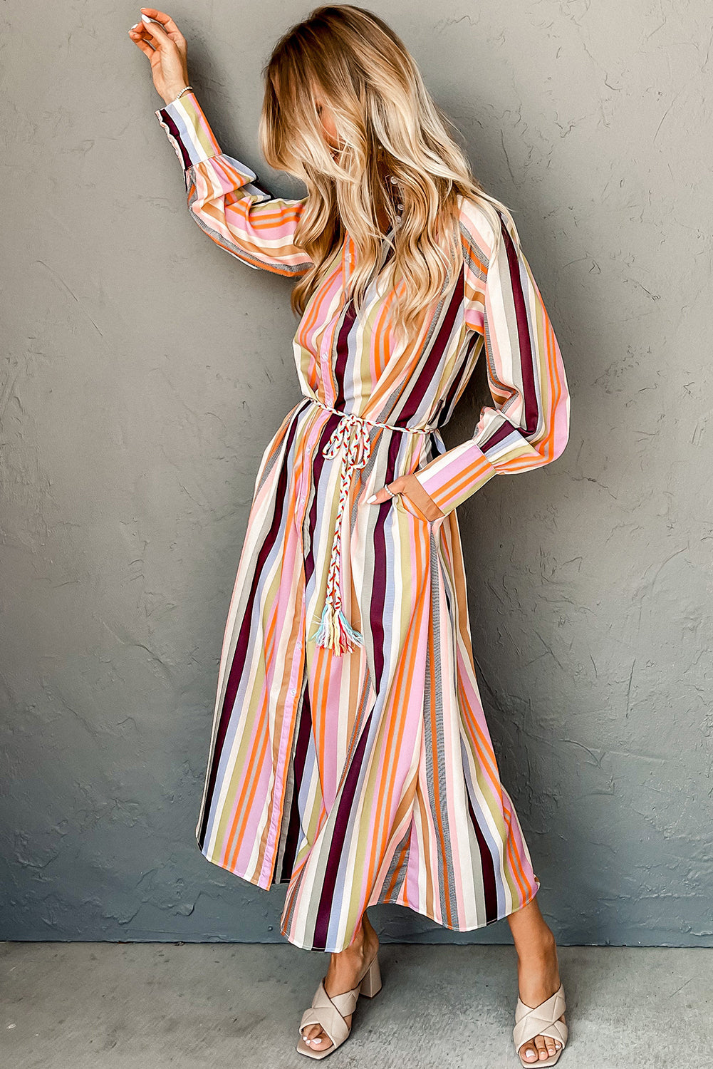 White Colorful Striped Cuffed Sleeve Tassel Tie Maxi Dress