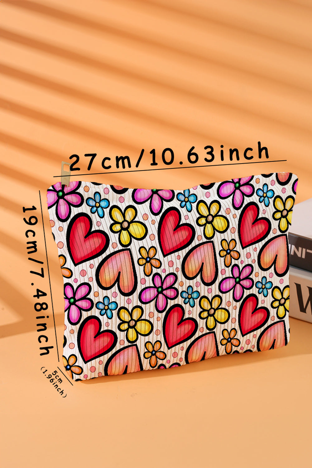 Fiery Red Flower Heart Print Corduroy Makeup Bag