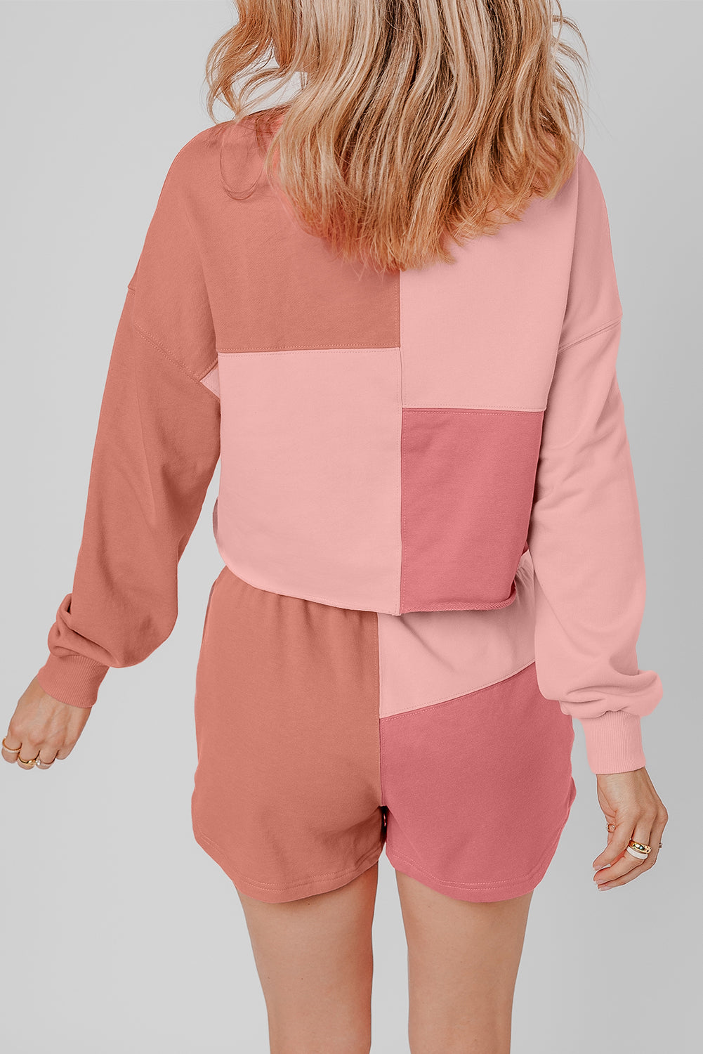 Peach Blossom Colorblock Long Sleeve Top & Pocketed Shorts Set