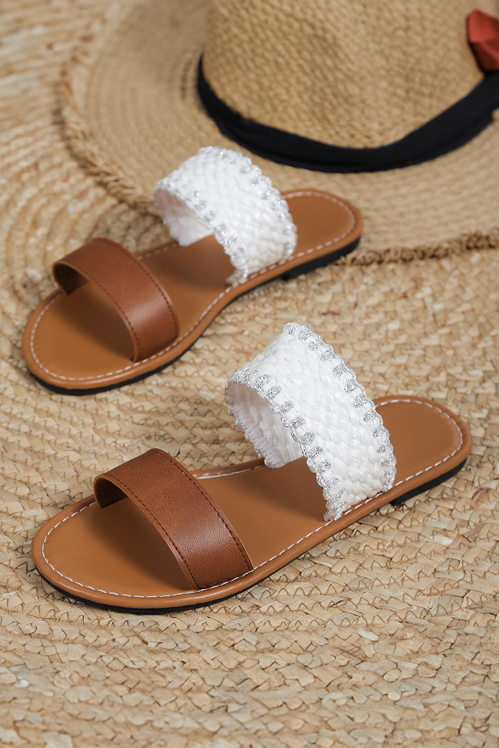 Chestnut Faux Leather Woven Strap Flat Slides Shoes