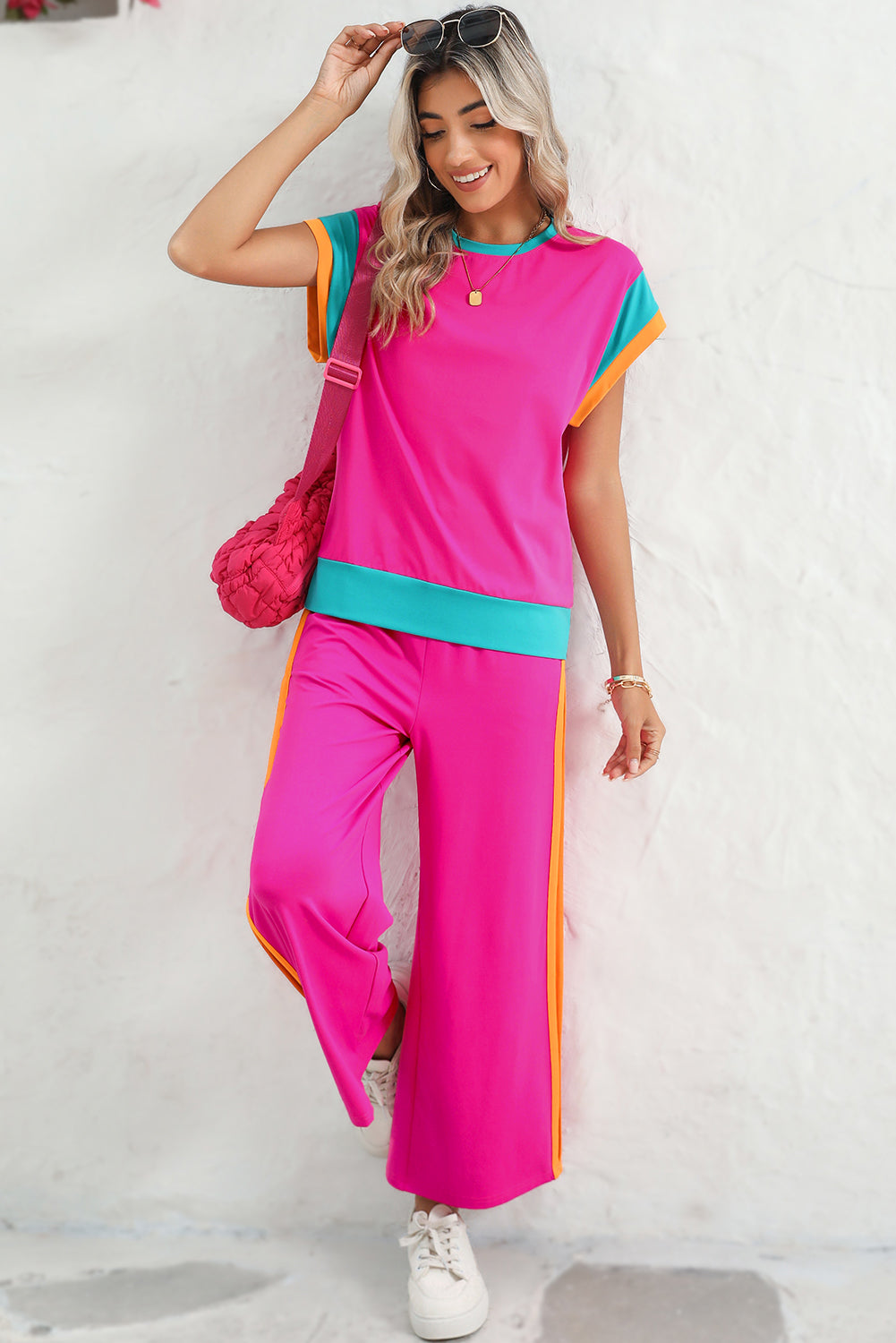 Sky Blue Colorblock Cap Sleeve Tee & Wide Leg Pants Set