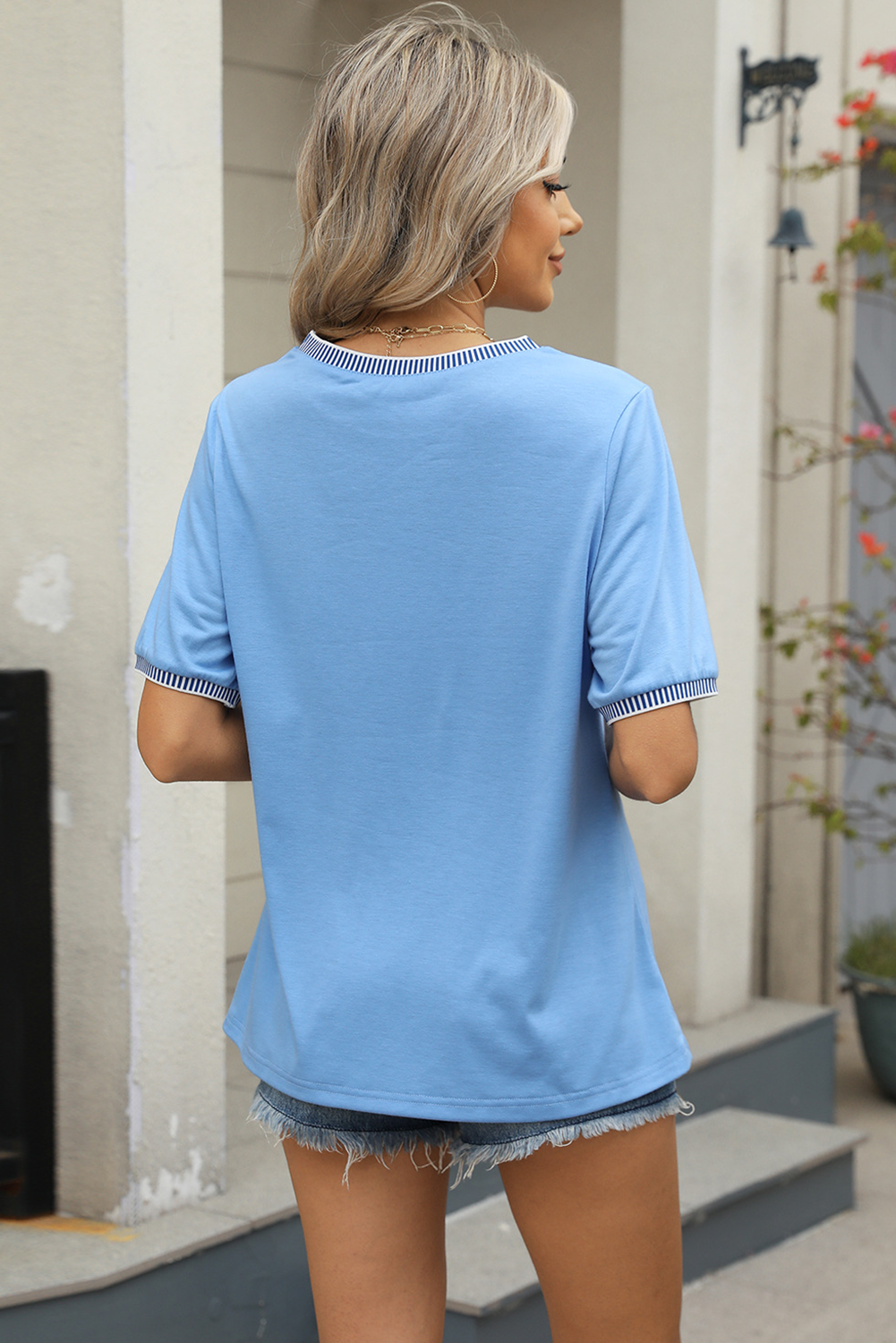 Light Blue Pleated Crew Neck Casual Short Sleeve Top