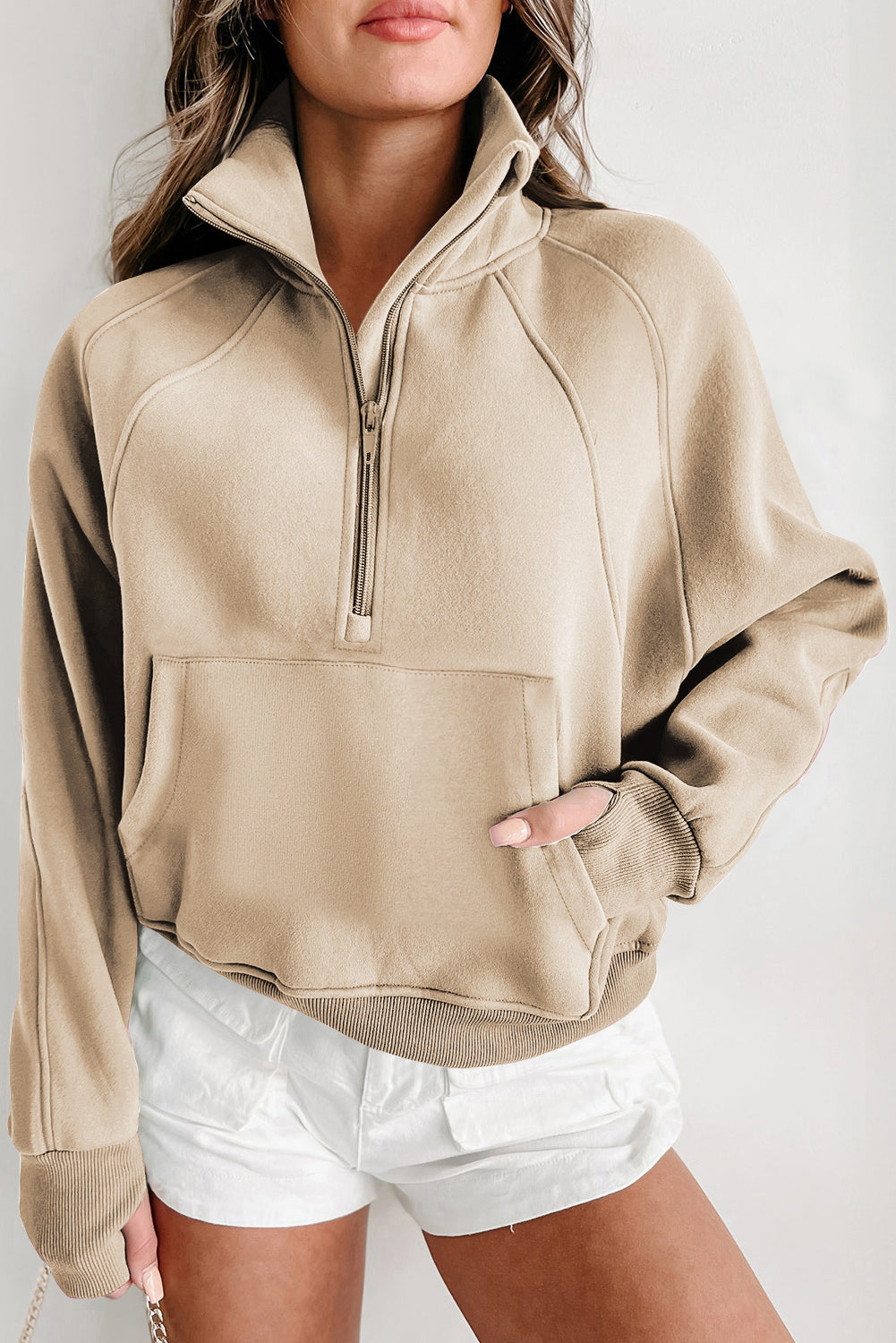 Smoke Green Zip Up Stand Collar Ribbed Thumbhole Sleeve Sweatshirt