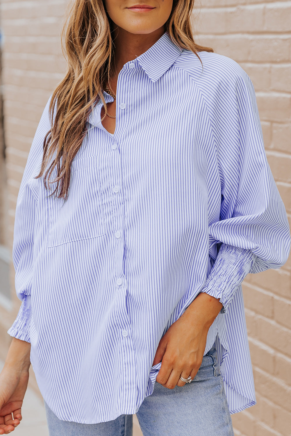 Pink Striped Casual Shirred Cuffs Shirt