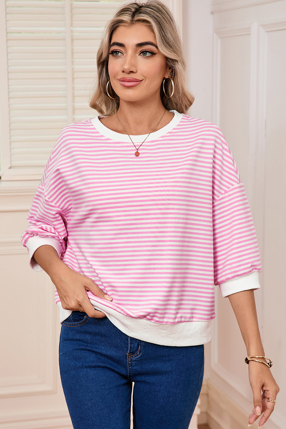 Pink Striped Drop Half Sleeve Round Neck T-Shirt