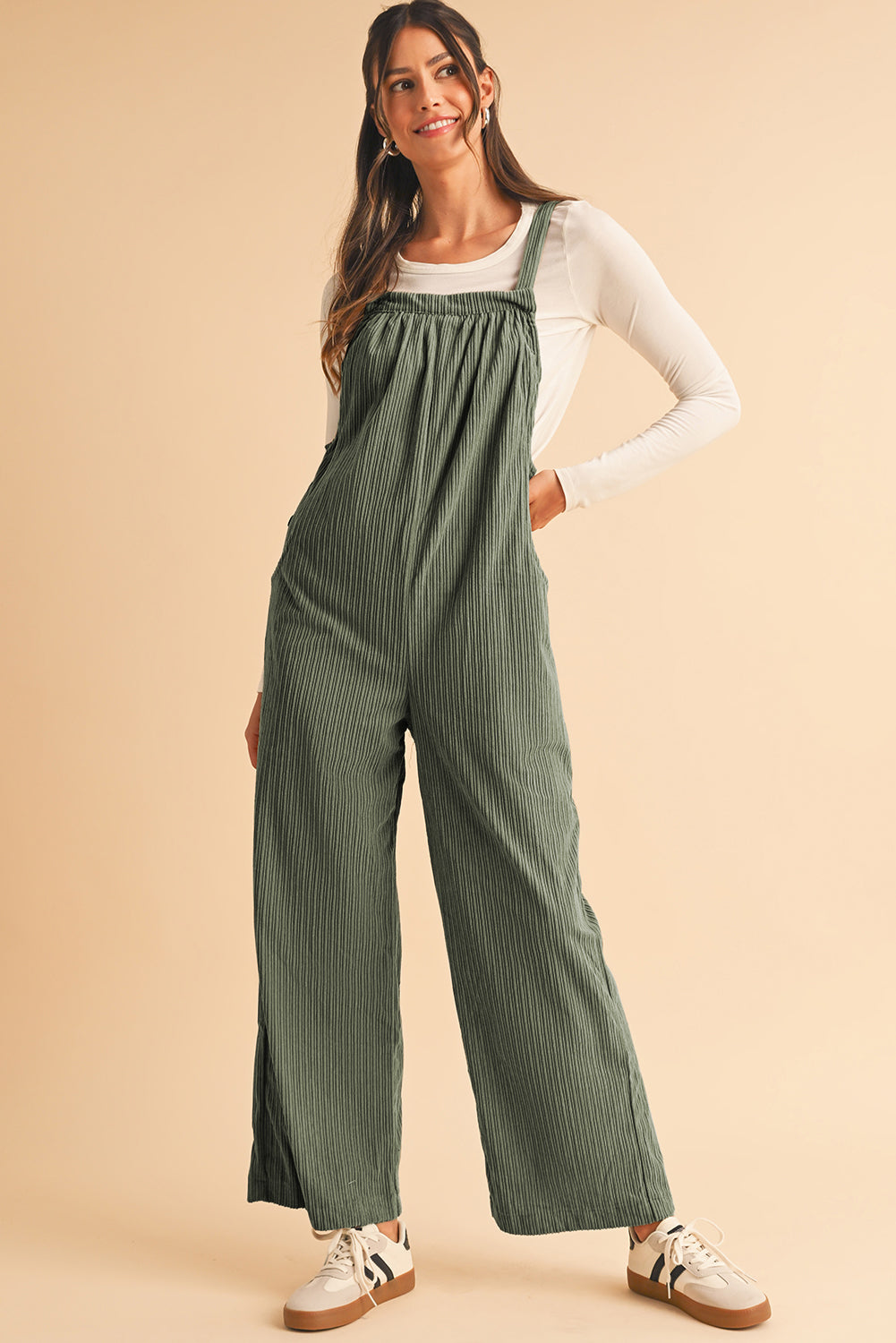 Jungle Green Plain Pocketed Loose Fit Corduroy Overalls