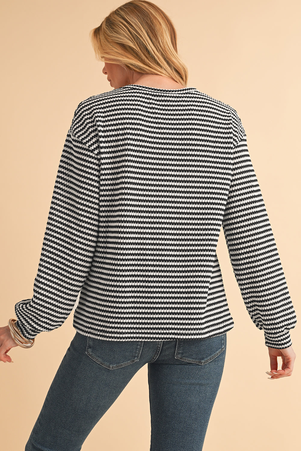 Black Striped Round Neck Drop Shoulder Long Sleeve Top