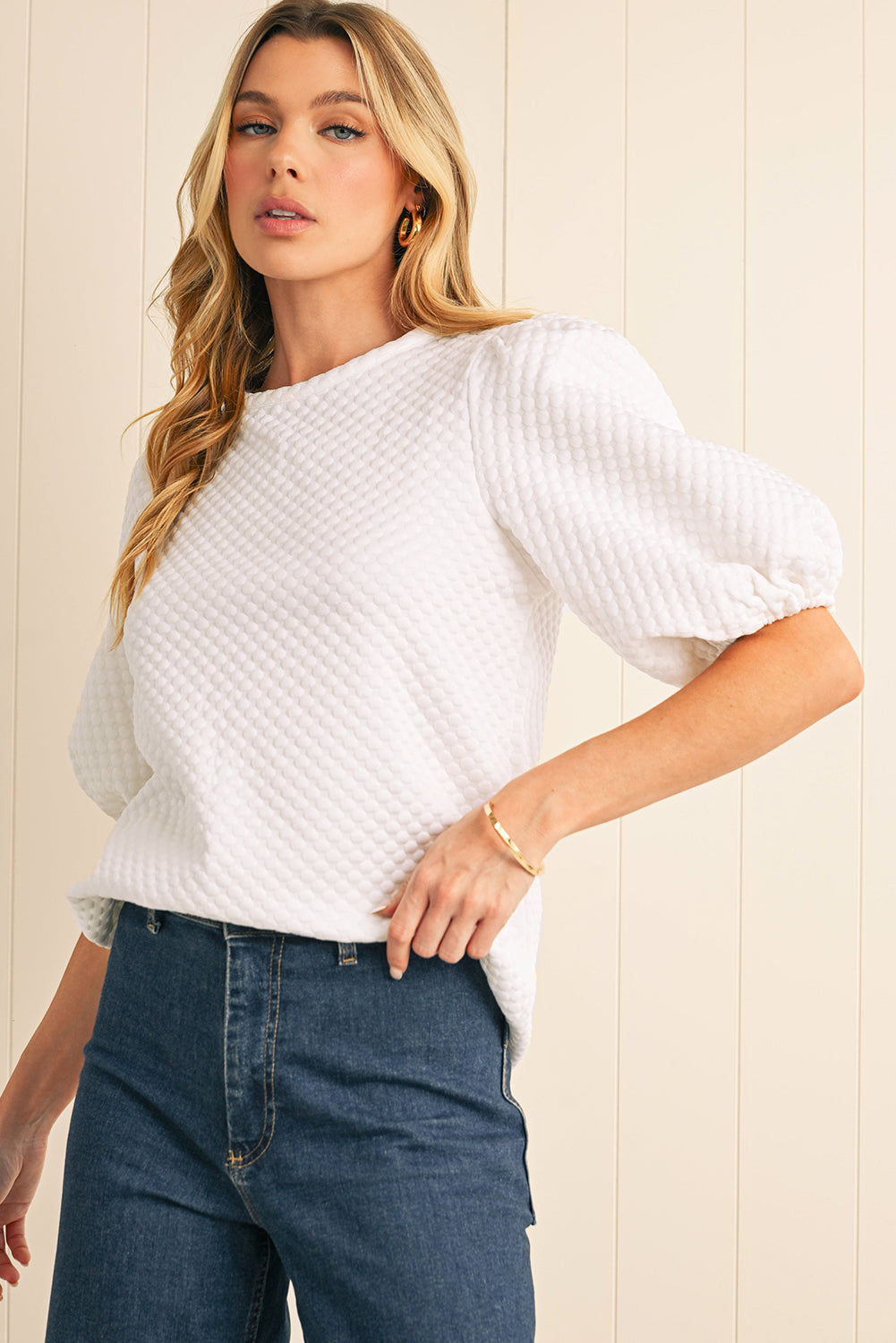 White Solid Textured O Neck Puff Sleeve Blouse