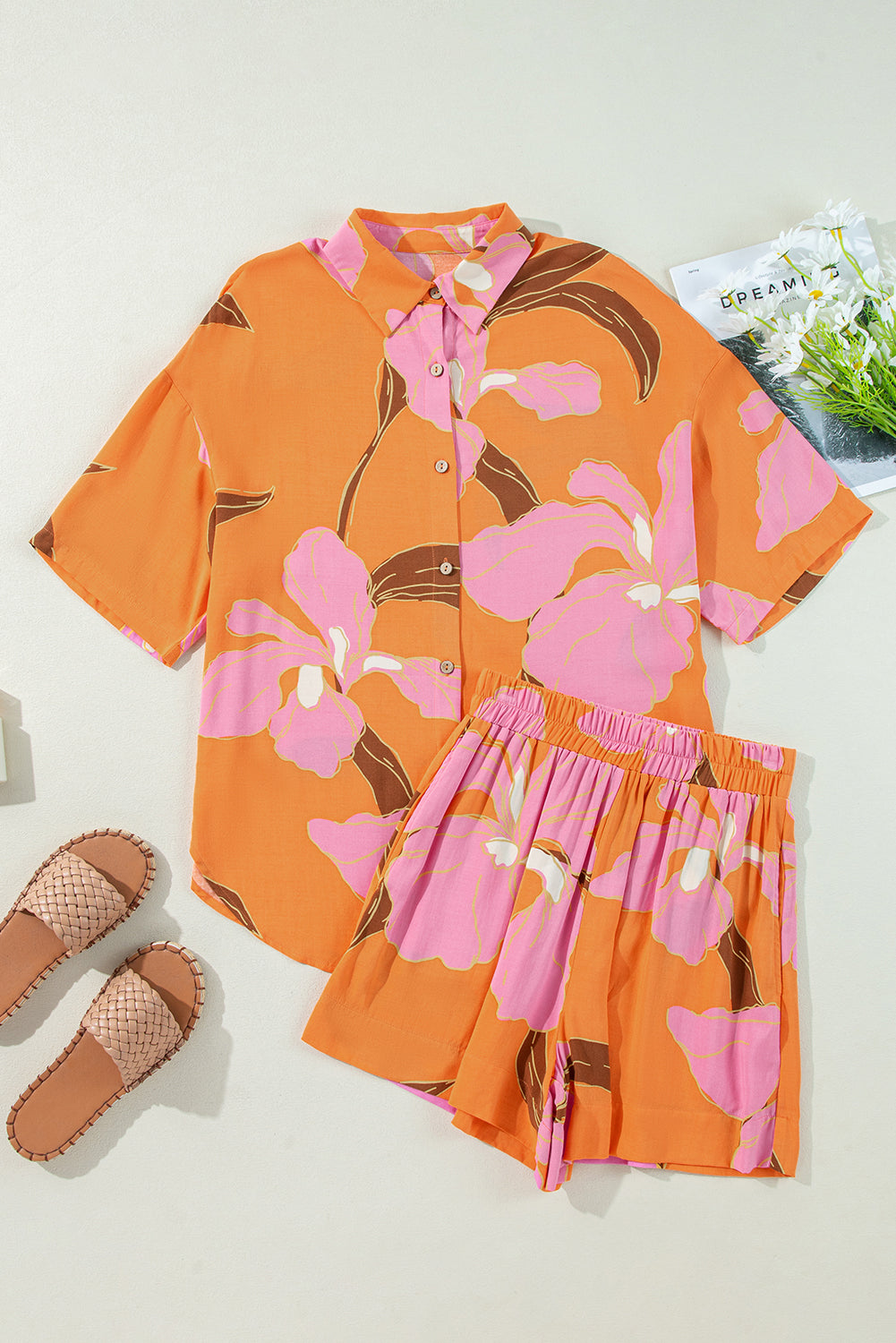 Russet Orange Floral Print Loose Shirt and Shorts Set