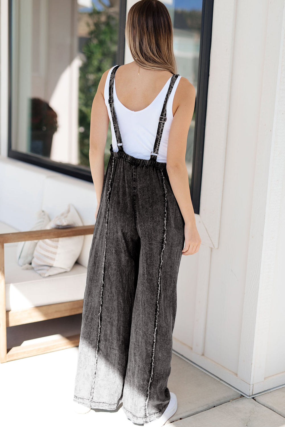 Dark Grey Light Wash Frayed Exposed Seam Wide Leg Denim Overalls