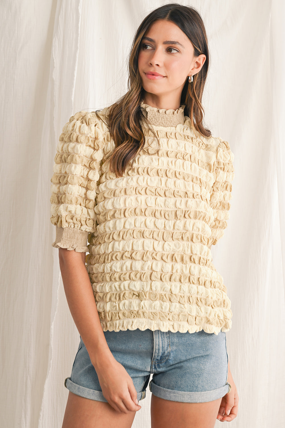 Beige Textured Frill Trim Smocked Puff Sleeve T Shirt