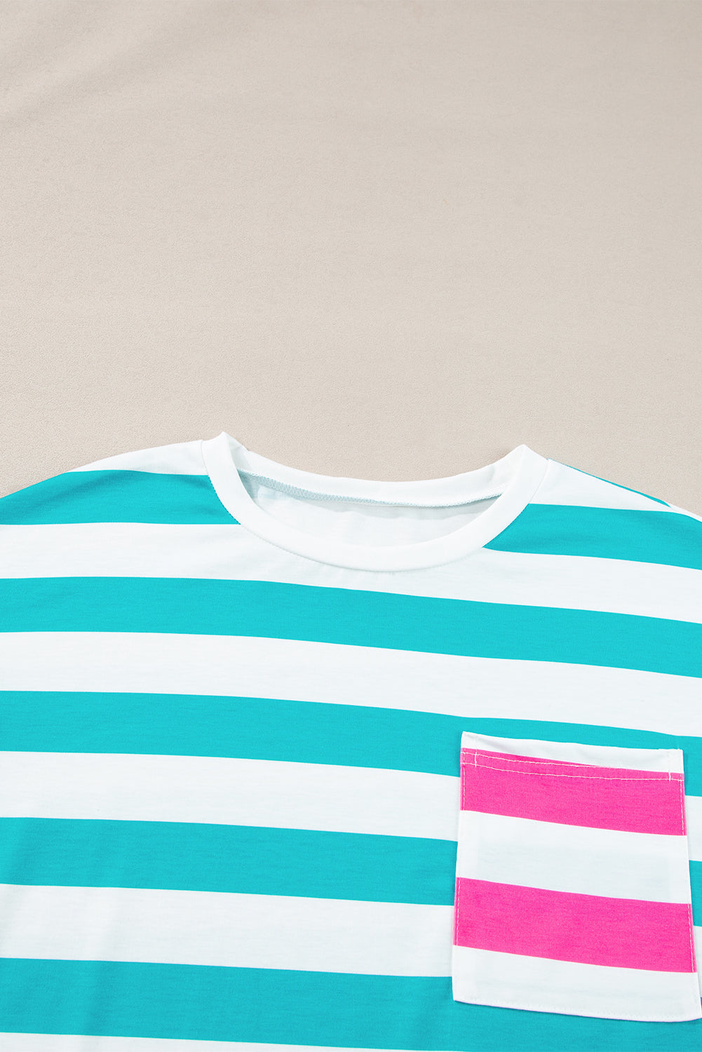 Pink Stripe Patch Pocket Drop Sleeve Slits T Shirt