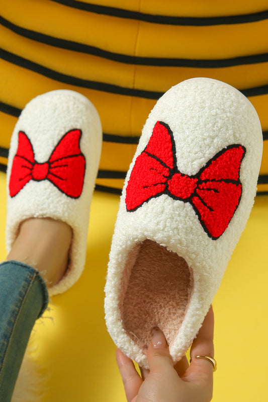 White Sweet Bow Knot Plush Warm Slippers