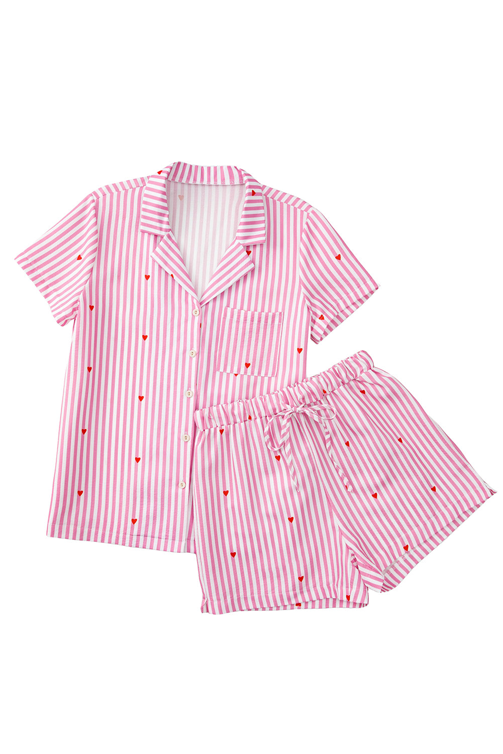 Pink Striped Heart Print Shirt and Shorts Pajama Set