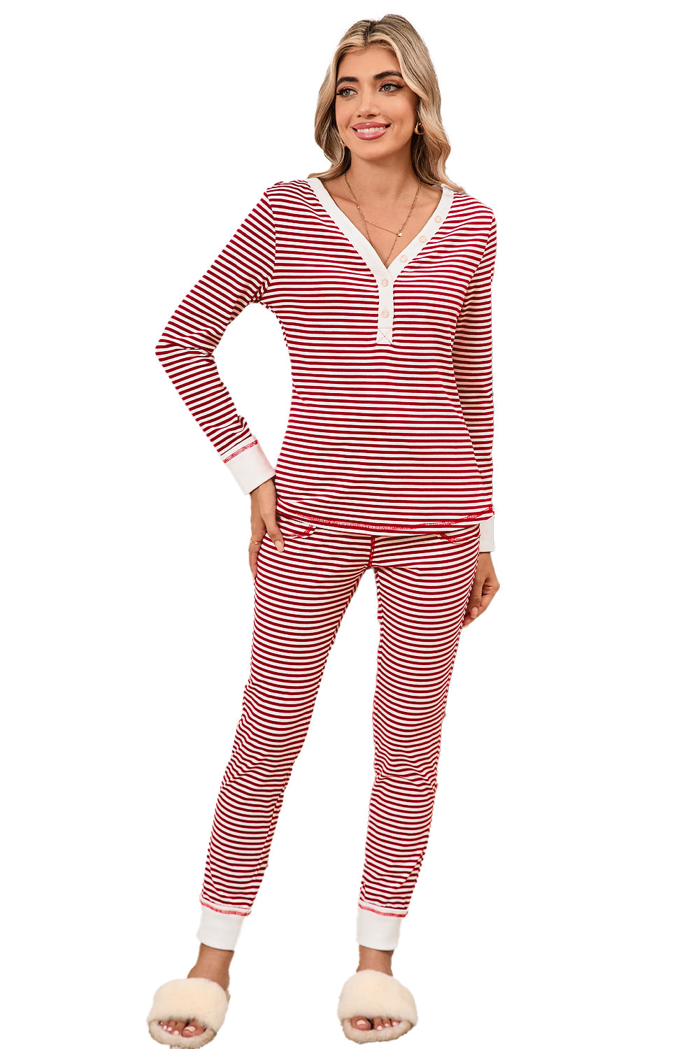 Red Stripe Buttoned V Neck Top and Knotted Waist Pants Pajama Set