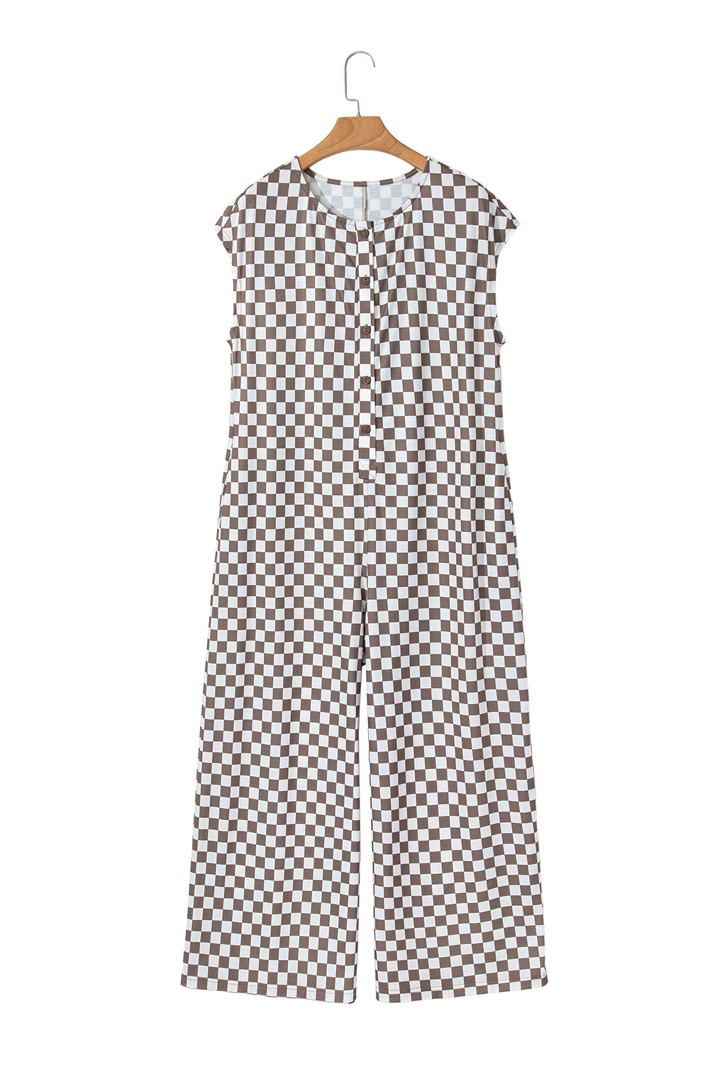 Khaki Checkered Print Buttoned Crew Neck Wide Leg Jumpsuit