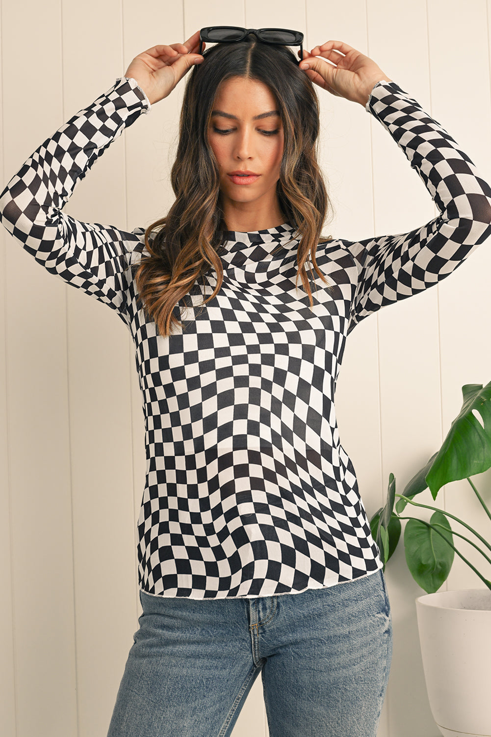 Black Checkered Pattern Mesh Long Sleeve Top