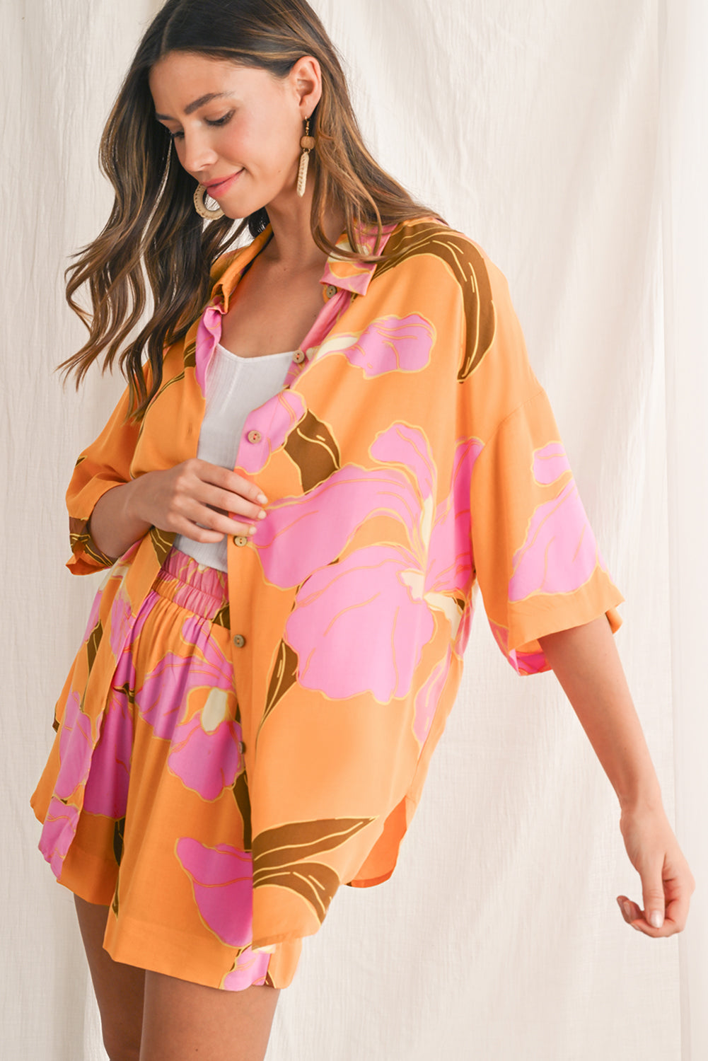 Russet Orange Floral Print Loose Shirt and Shorts Set