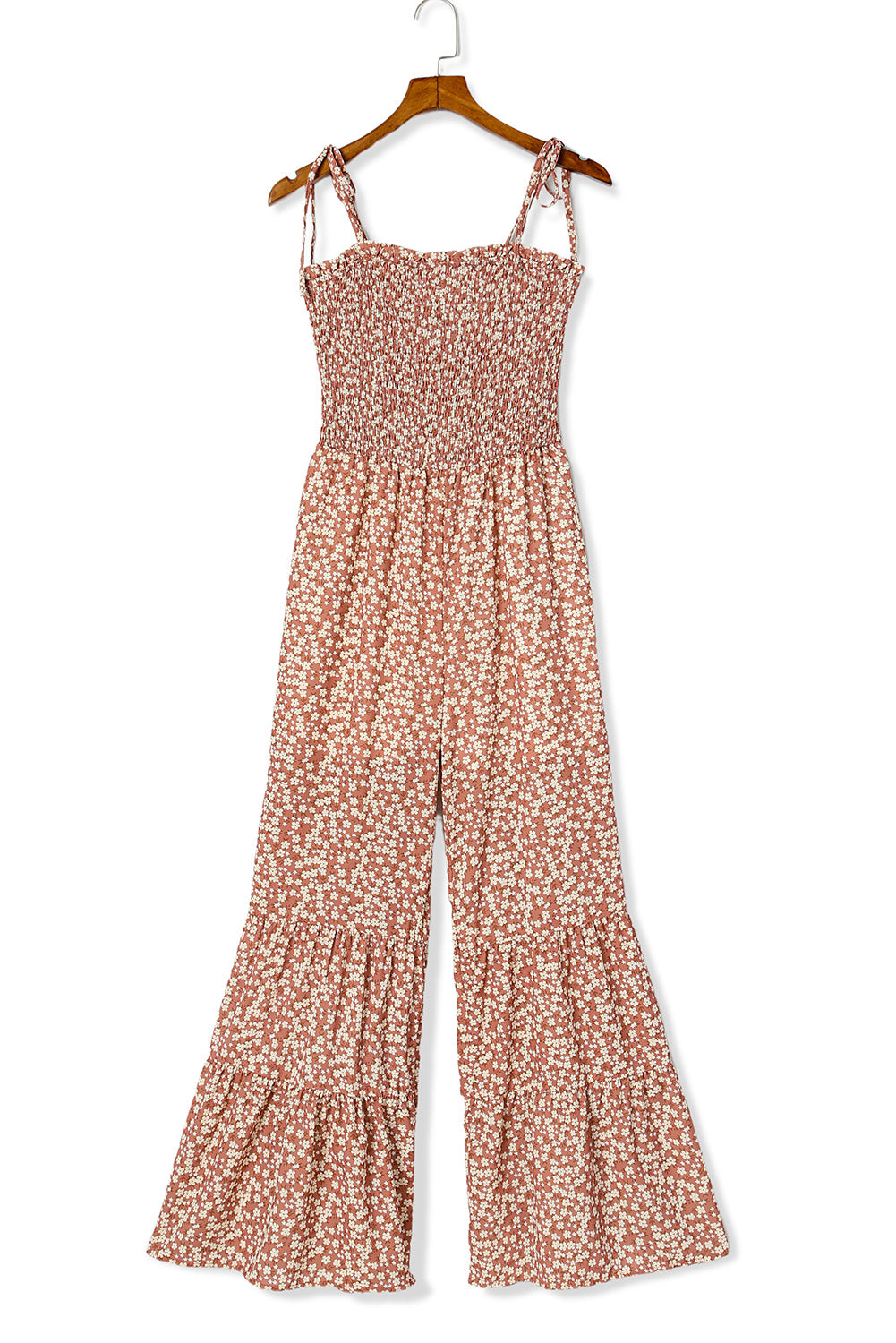 Khaki Floral Spaghetti Straps Smocked Bodice Wide Leg Jumpsuit