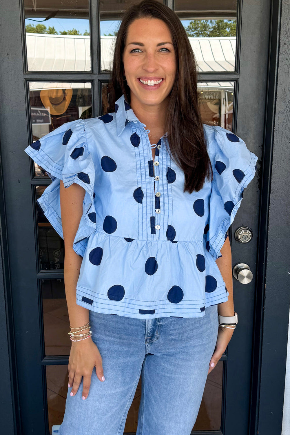 Sky Blue Polka Dot Print Ruffled Short Sleeve Buttoned Collared Blouse