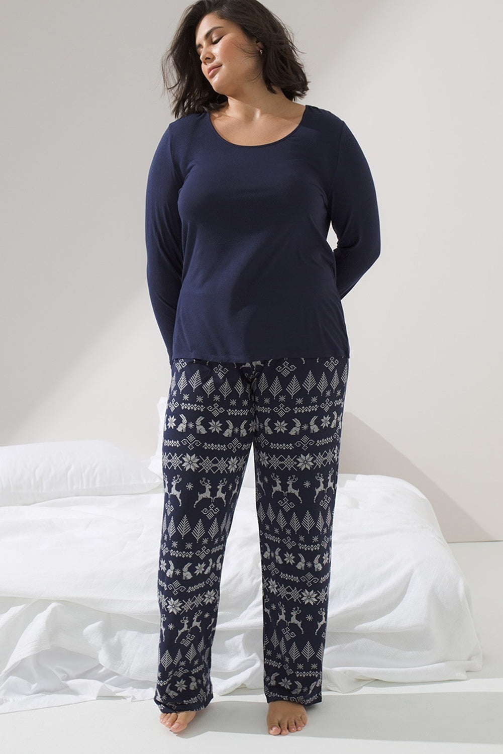 Blue Top and Christmas Printed Pants Lounge Set