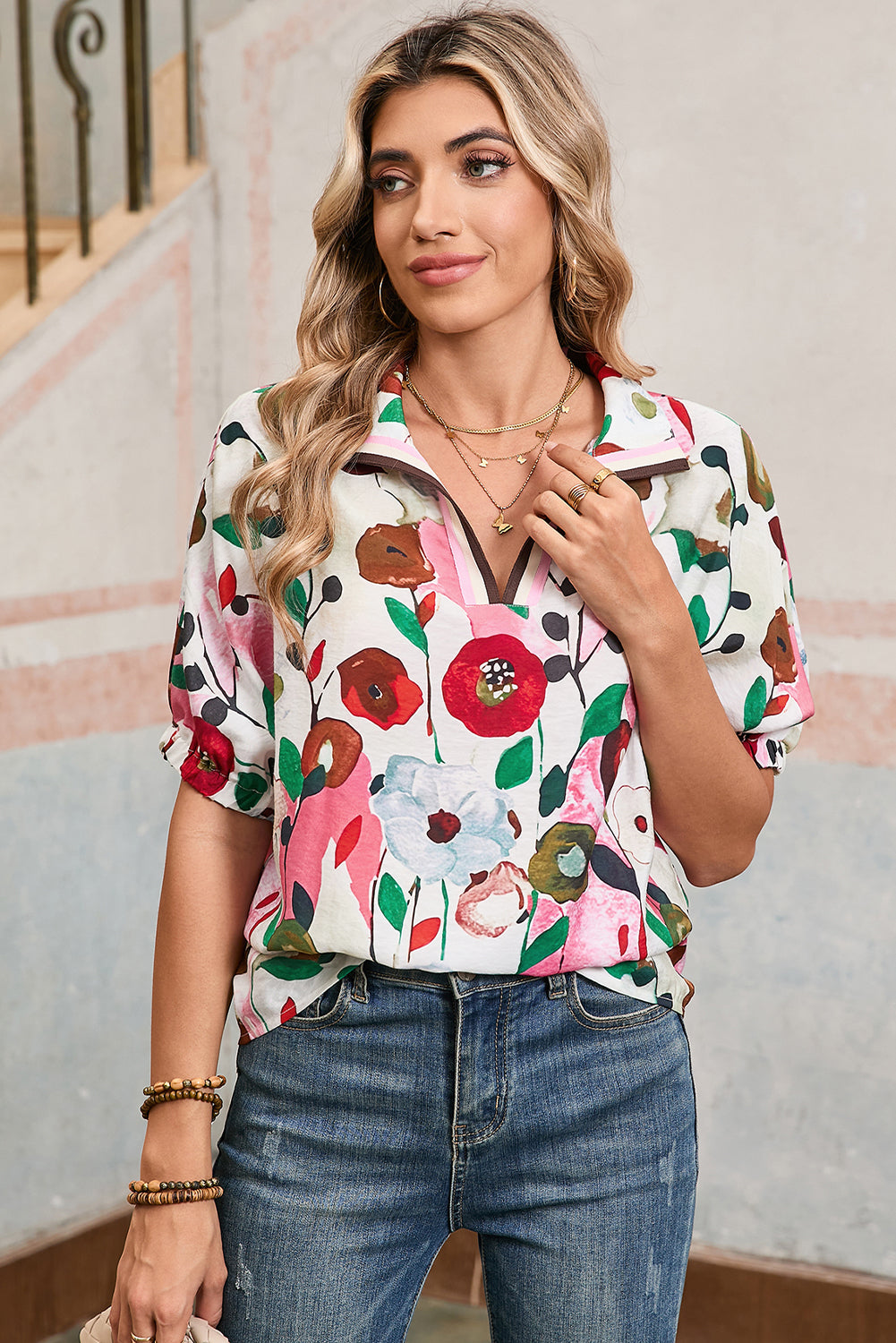 Light Blue V-Neck Floral Print Boho Blouse