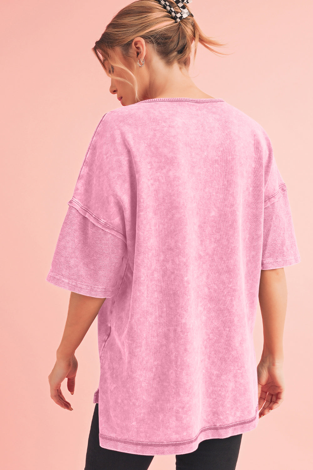 Strawberry Pink Mineral Wash Exposed Seam Drop Shoulder Oversized Tee