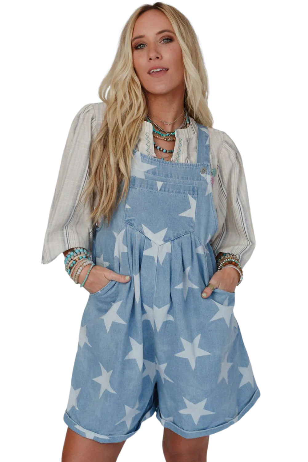 Light Blue Star Printed Buttoned Straps Pocketed Denim Romper