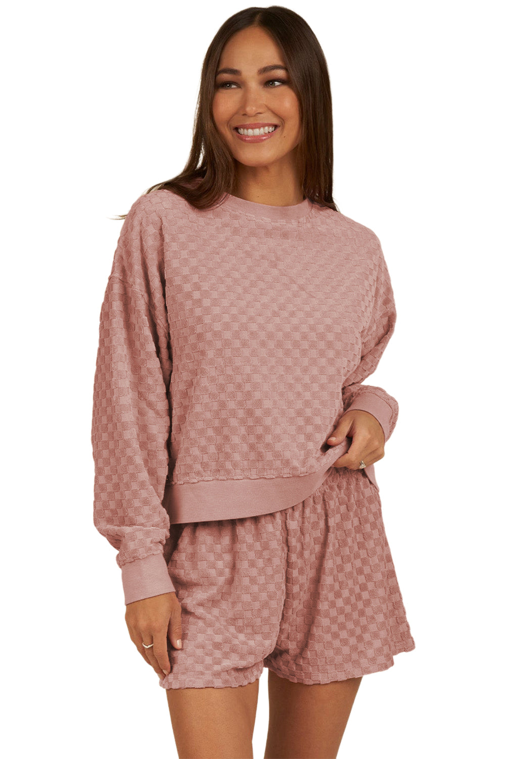 Blossom Checkered Textured Long Sleeve Top and Shorts Set