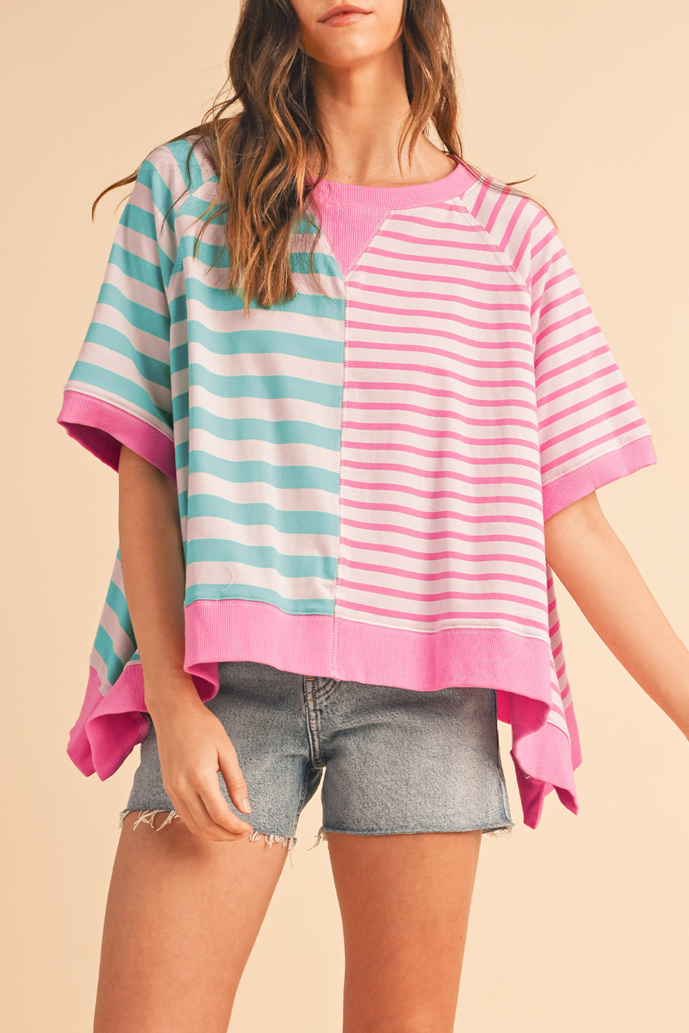 Pink Striped Colorblock Oversized T Shirt