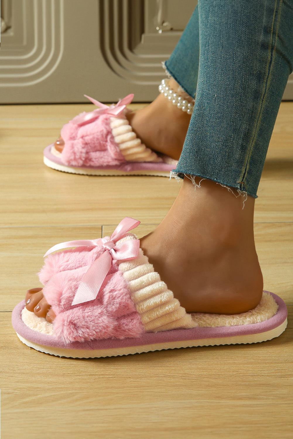 Peach Blossom Sweet Bow Fuzzy Open-Toe Slippers