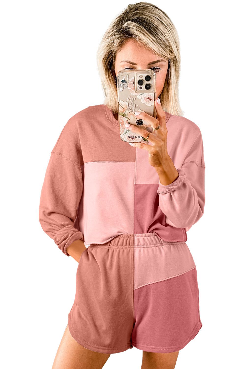 Peach Blossom Colorblock Long Sleeve Top & Pocketed Shorts Set