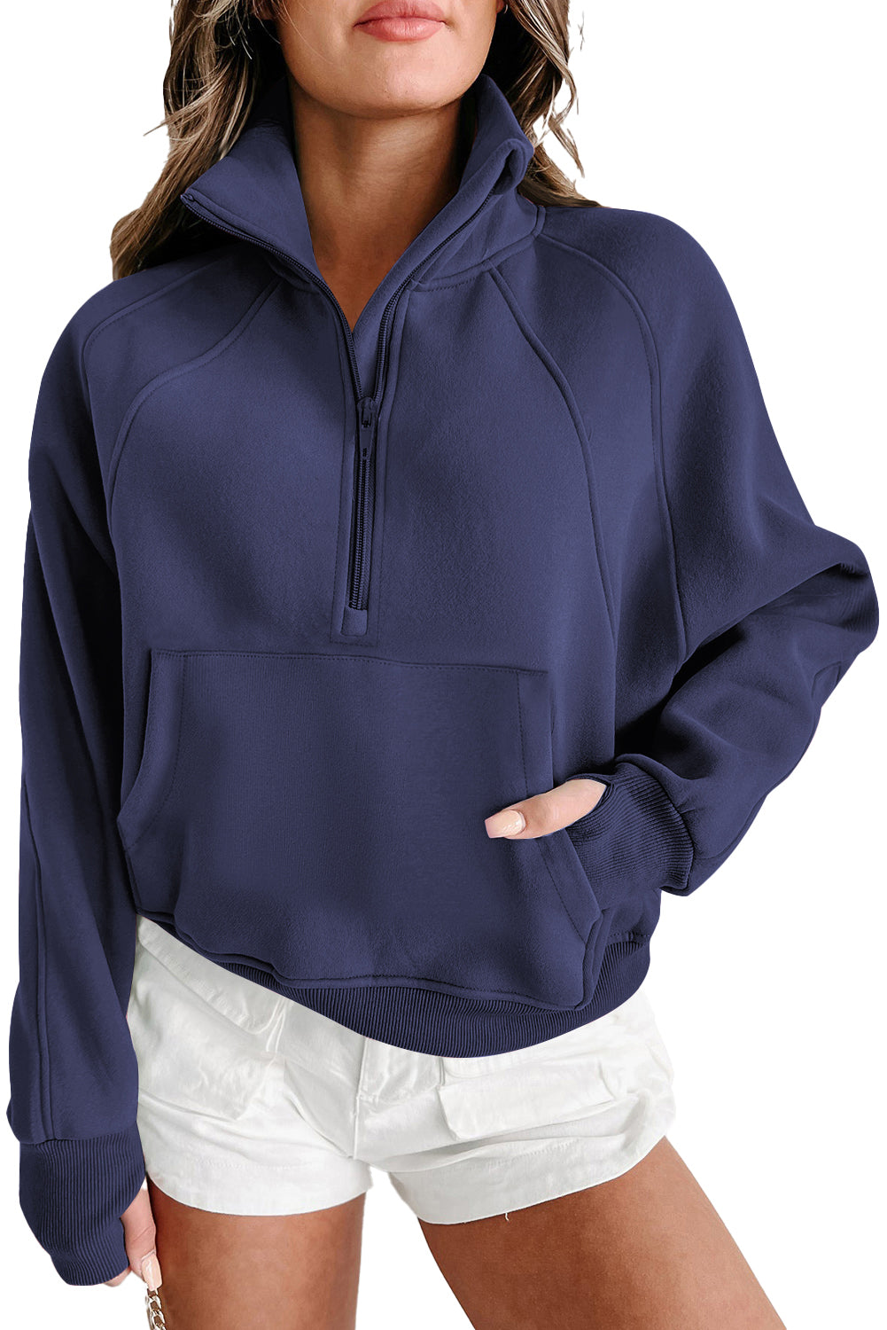 Smoke Green Zip Up Stand Collar Ribbed Thumbhole Sleeve Sweatshirt