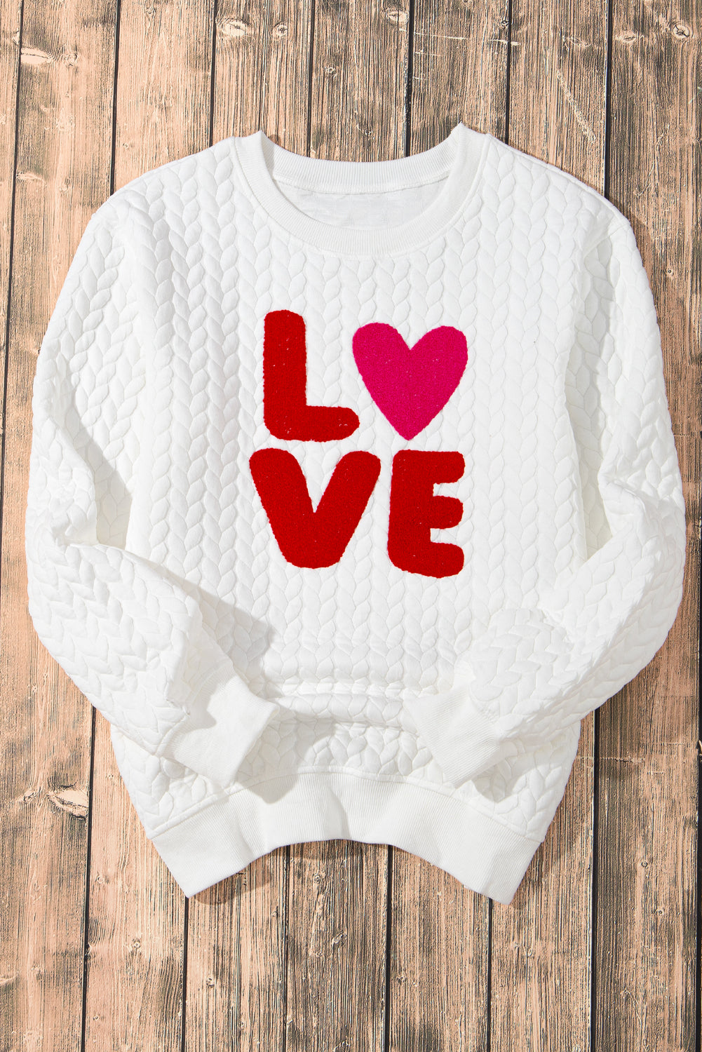 White XOXO Chenille Letter Patch Quilted Sweatshirt