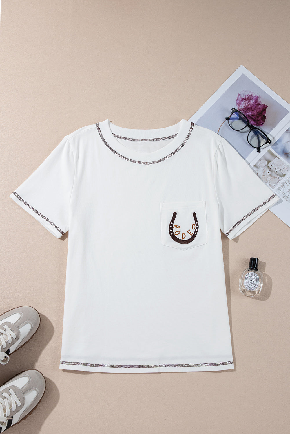 White RODEO Horseshoe Embroidered Patch Pocket Tee