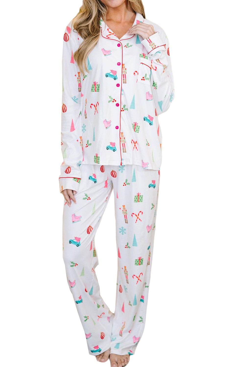 White Christmas Print Lapel Shirt and Pants Pajama Set