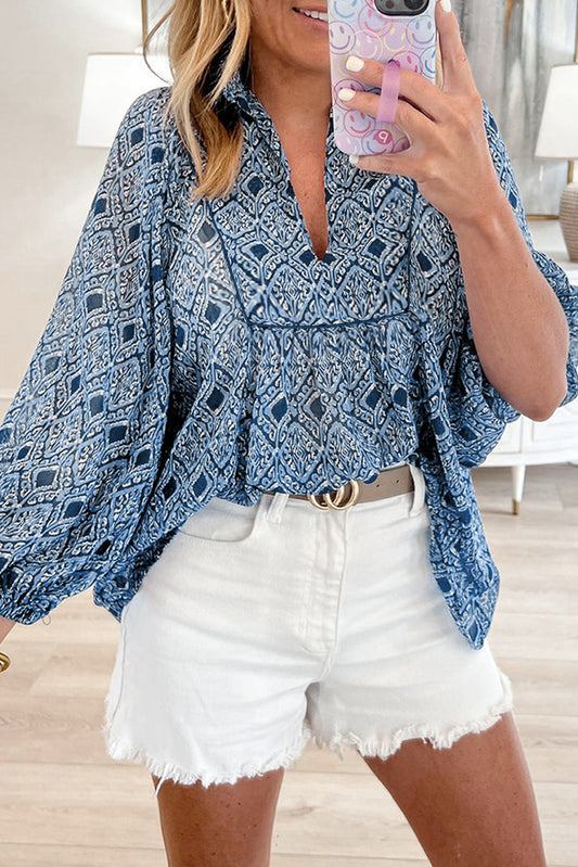 Sky Blue Ethnic Geometric Print Frill Neck Loose Fit Blouse