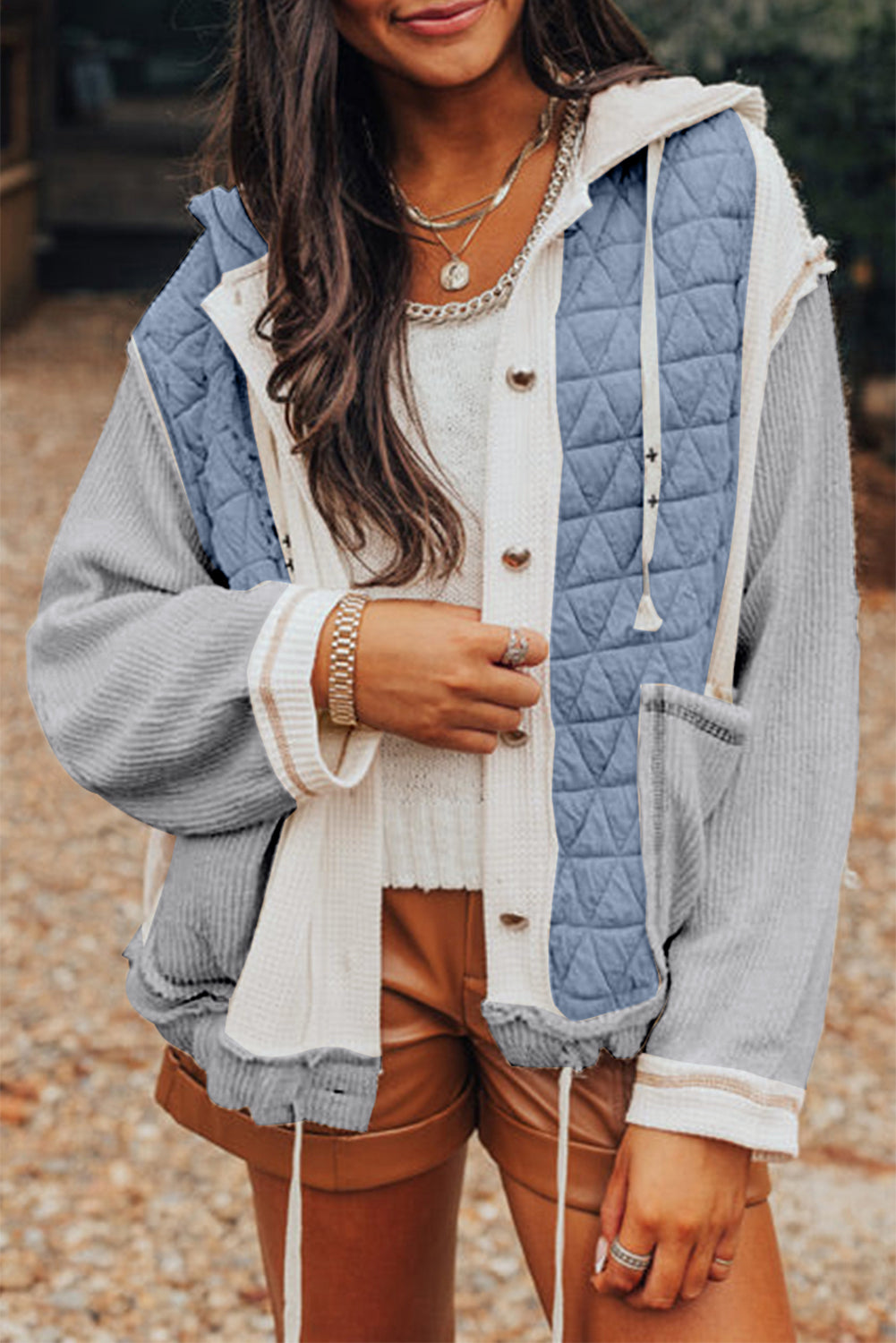 Beige Quilted Textured Patchwork Hooded Jacket