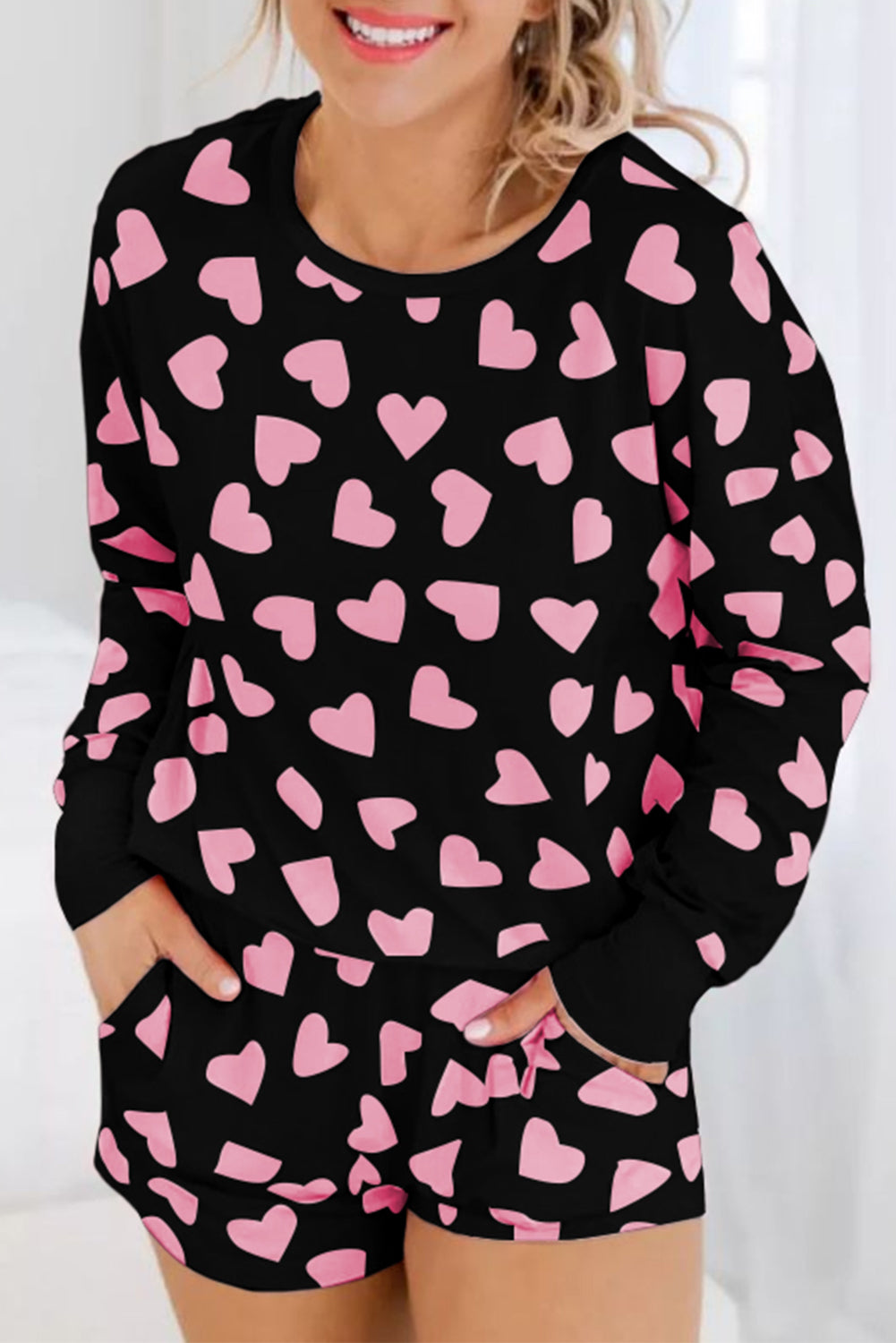 Pink Heart Print Long Sleeve Top and Shorts Loungewear Set