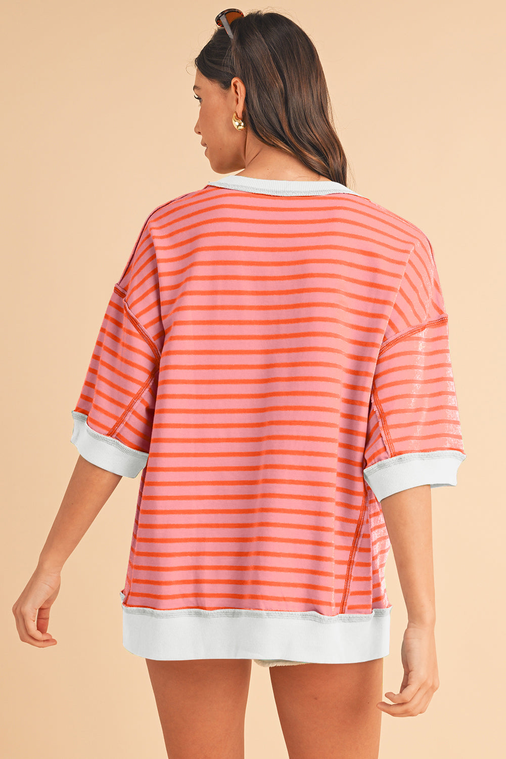 Sky Blue Stripe Contrast Drop Sleeve Loose Top