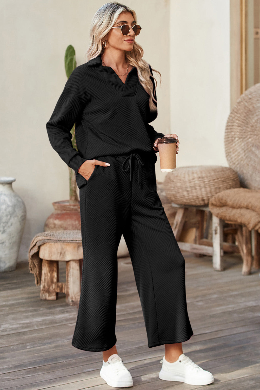 Sail Blue Solid Textured Collared V Neck Top and Wide Leg Pants Set