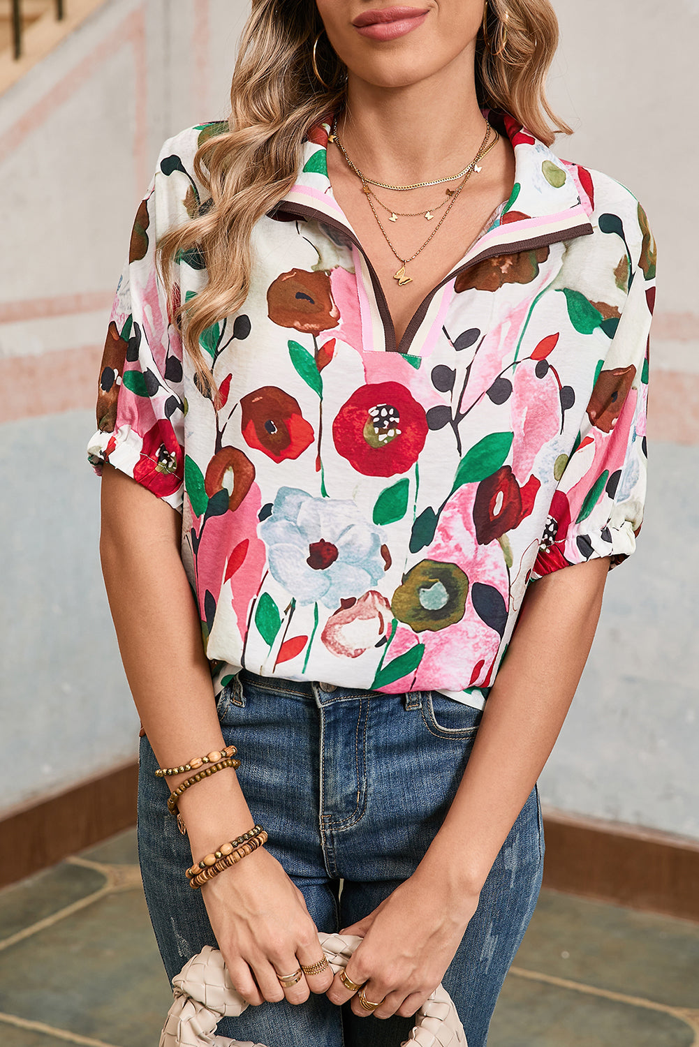 Light Blue V-Neck Floral Print Boho Blouse