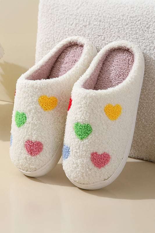 White Colorful Heart Shape Slip On Plush Winter Slippers