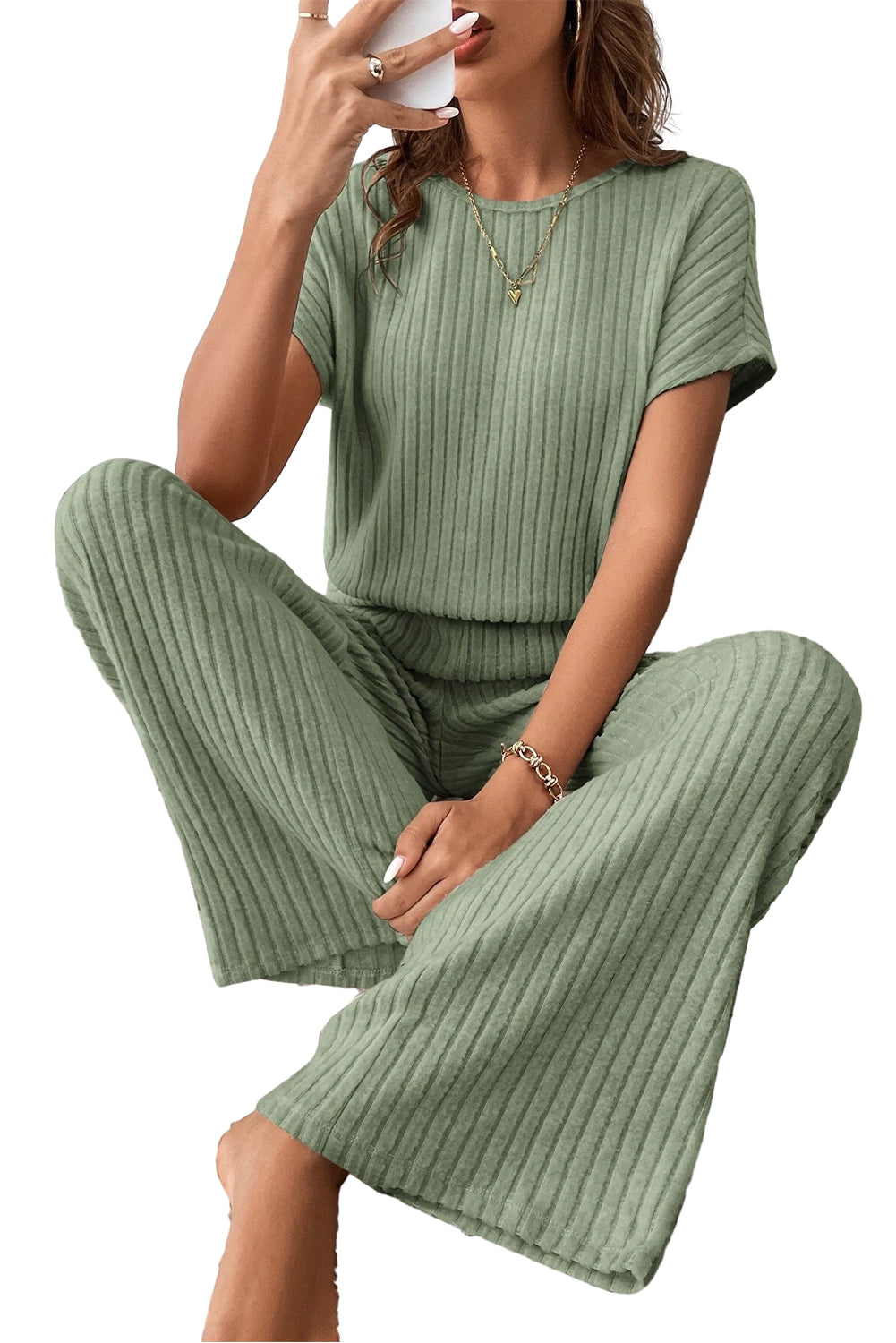 Grass Green Solid Color Ribbed Short Sleeve Wide Leg Jumpsuit