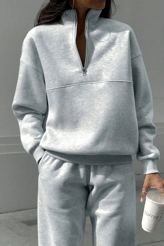 Light Grey Zipper Lapel Collar Casual Long Sleeve Top and Pants Set