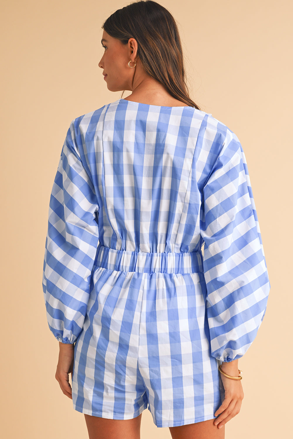 Sky Blue Plaid Shirred V Neck Lantern Sleeve Romper