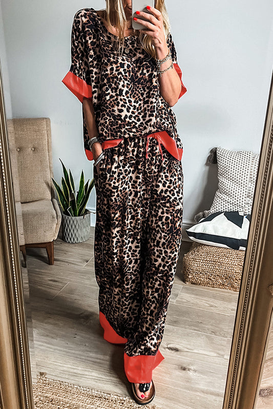 Brown Leopard Print Colorblock Edge Loose Fit Pants Set