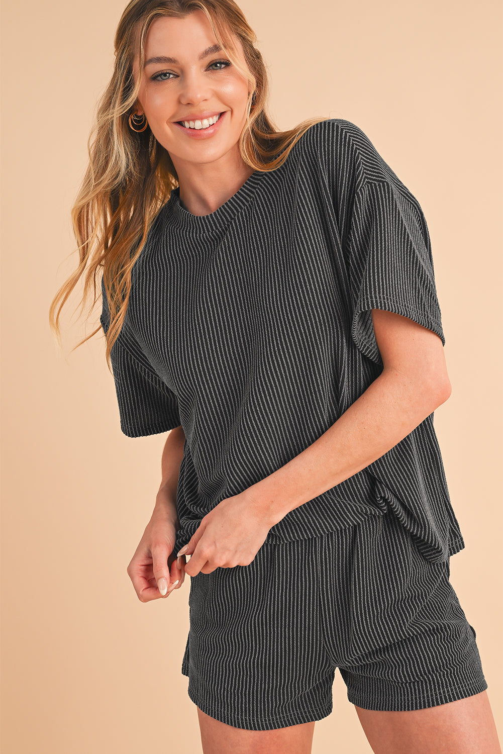 Carbon Grey Ribbed Textured Loose Fit Tee & Shorts Set