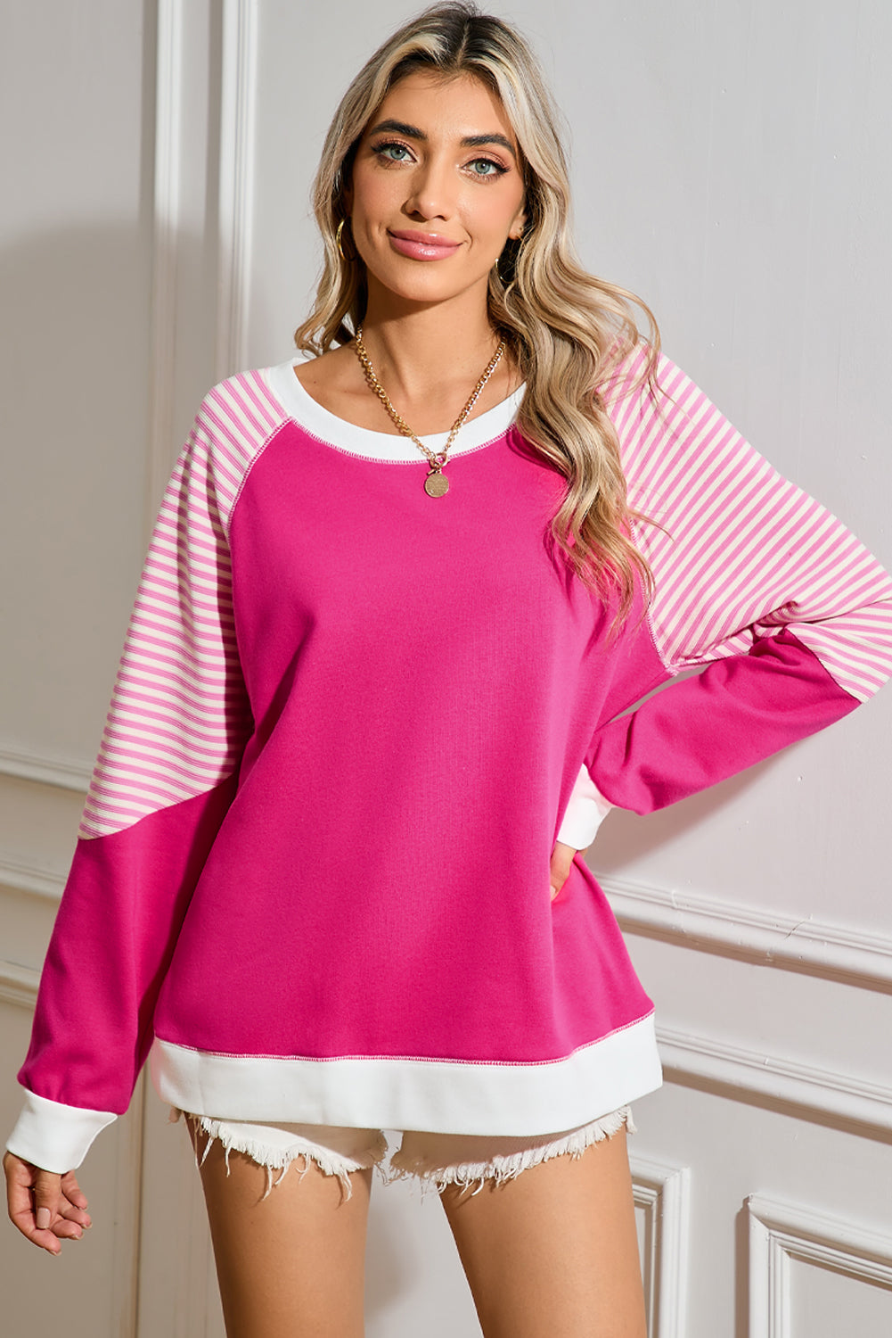 Strawberry Pink Striped Patchwork Raglan Sleeve Top